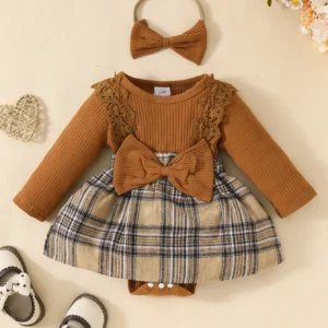 baby gilrs long sleeve autumn/winter plaid with bow honey jumpsuit for newborn 18m vacation wear +headband