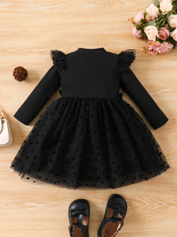 girls' black knit tulle dress mock neck + heart dot pattern + 3d lace + ruffled sleeves princess style long sleeve spring/summer girls' black knit tulle dress mock neck + heart dot pattern + 3d lace + ruffled sleeves princess style long sleeve spring/summer