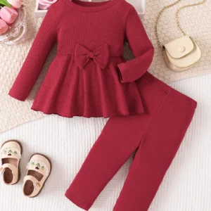 korean style soft girls' set: wine red ribbed knit with big bow accent