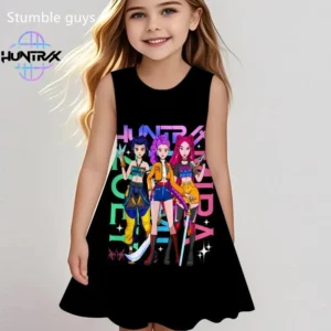 kids kpop demon hunters dress summer girls cartoon anime graphic fashion casual beach nightgown