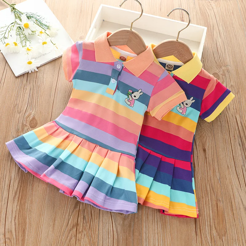 girl's summer fashion cute short sleeve cartoon rabbit embroidered rainbow strip baby girl princess dress girl's summer fashion cute short sleeve cartoon rabbit embroidered rainbow strip baby girl princess dress