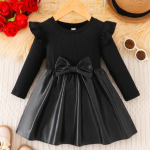 spring/autumn baby girls' round neck dress with bow decor and leather patchwork long sleeved casual dress