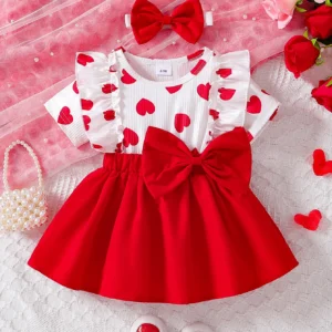 baby girl spring and summer love pit stripe full print round neck ruffle edge design short sleeved fake two piece waist and side