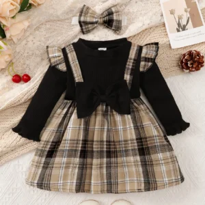 new baby girl spring and autumn black checkered fake two piece big bow headband dress for daily outdoor wear