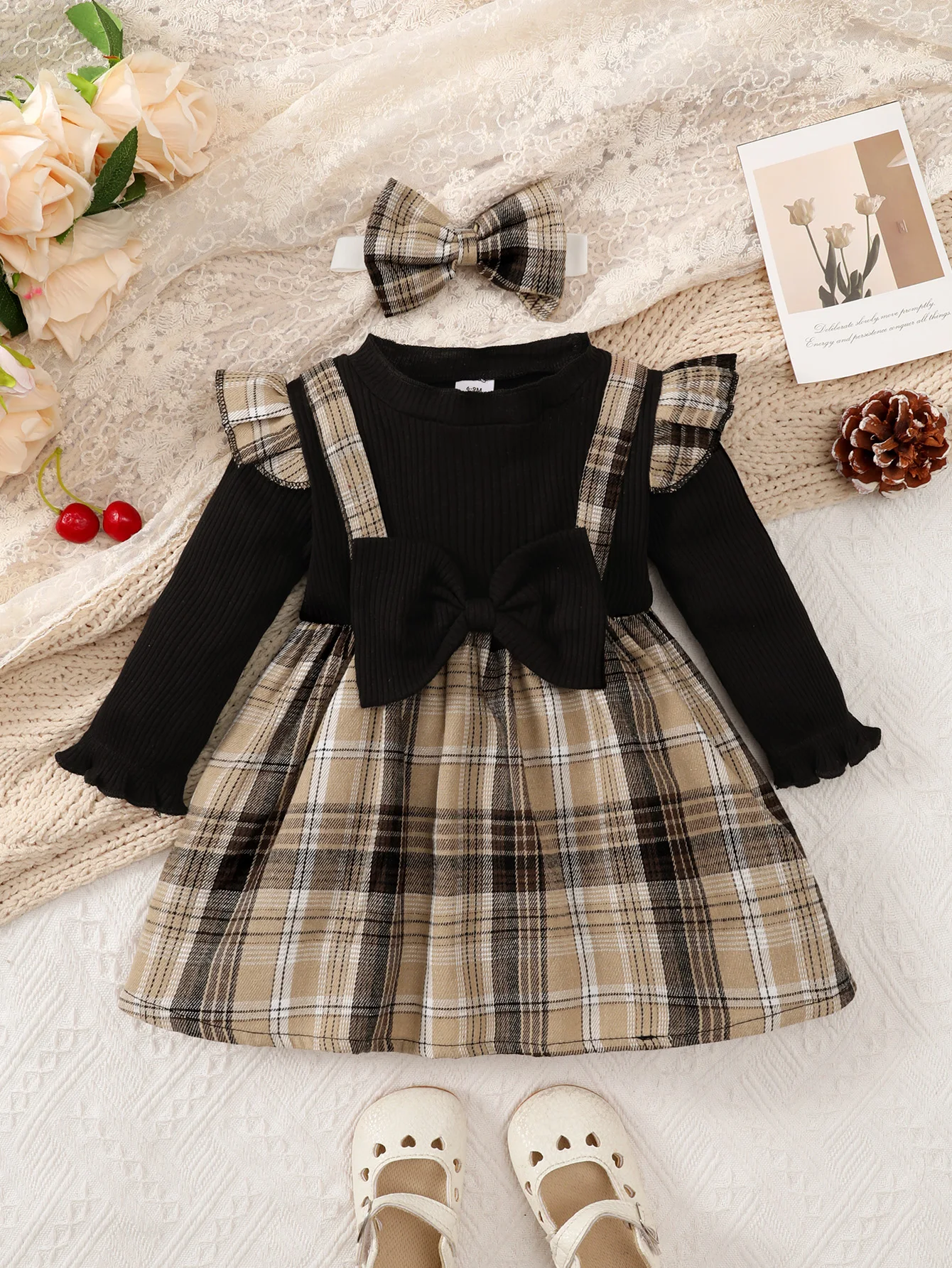 new baby girl spring and autumn black checkered fake two piece big bow headband dress for daily outdoor wear new baby girl spring and autumn black checkered fake two piece big bow headband dress for daily outdoor wear