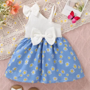fashionable baby girl summer diagonal shoulder cute butterfly print sunflower dress