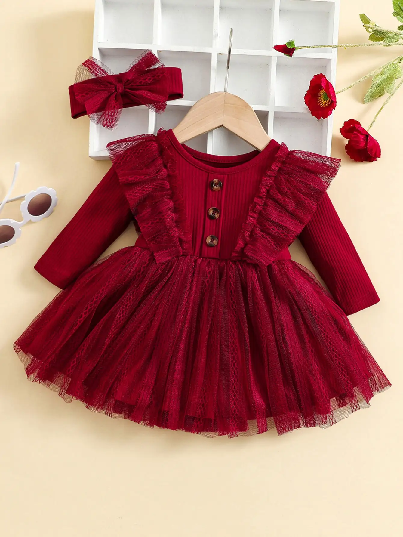 two piece baby girl romantic small flying sleeve long sleeve ruffled mesh dress + bow headscarf spring and autumn two piece baby girl romantic small flying sleeve long sleeve ruffled mesh dress + bow headscarf spring and autumn