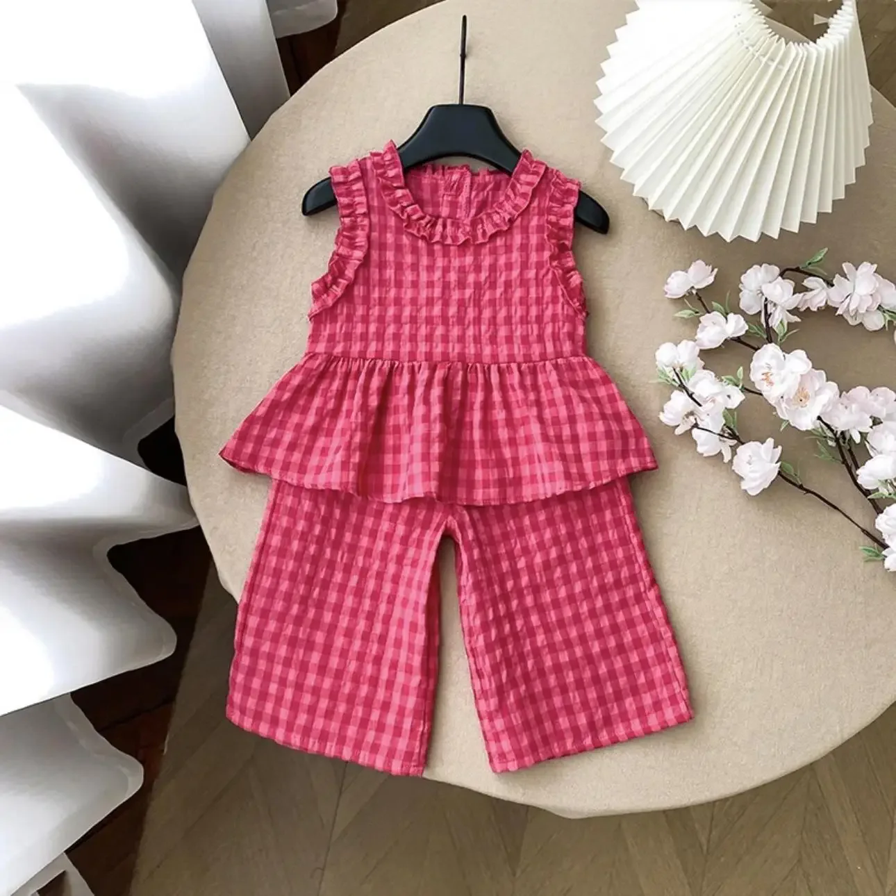 children's clothing sets retro plaid sleeveless shirt +flared palazzo pants 2pcs sets kids boutique clothes baby girl outfit set children's clothing sets retro plaid sleeveless shirt +flared palazzo pants 2pcs sets kids boutique clothes baby girl outfit set