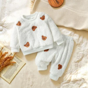 2025 baby boys girls unisex 2pcs autumn winter thicken long sleeve warm fleece cute bear cartoon casual clothing sets for 1 3y
