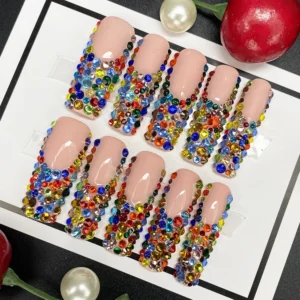 multicolour rhinestone covered handmade press nails new arrives soft durable acrylic fingernails reusable false manicure nails