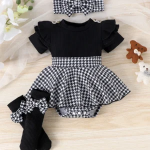 3pcs summer new style girls 0 1 years old sweet and lovely short sleeved houndstooth dress