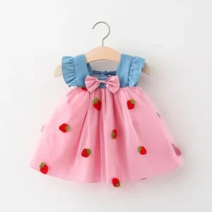 (0 3 years) summer new girls dress small flying sleeve bow a child dress embroidered strawberry cool princess dress