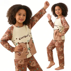 capibara kids pajama sets long sleeve loungewear with cute animal print soft sleepwear for boys girls cartoon sleepwear outfit