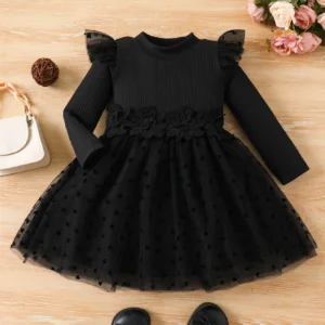 girls' black knit tulle dress mock neck + heart dot pattern + 3d lace + ruffled sleeves princess style long sleeve spring/summer