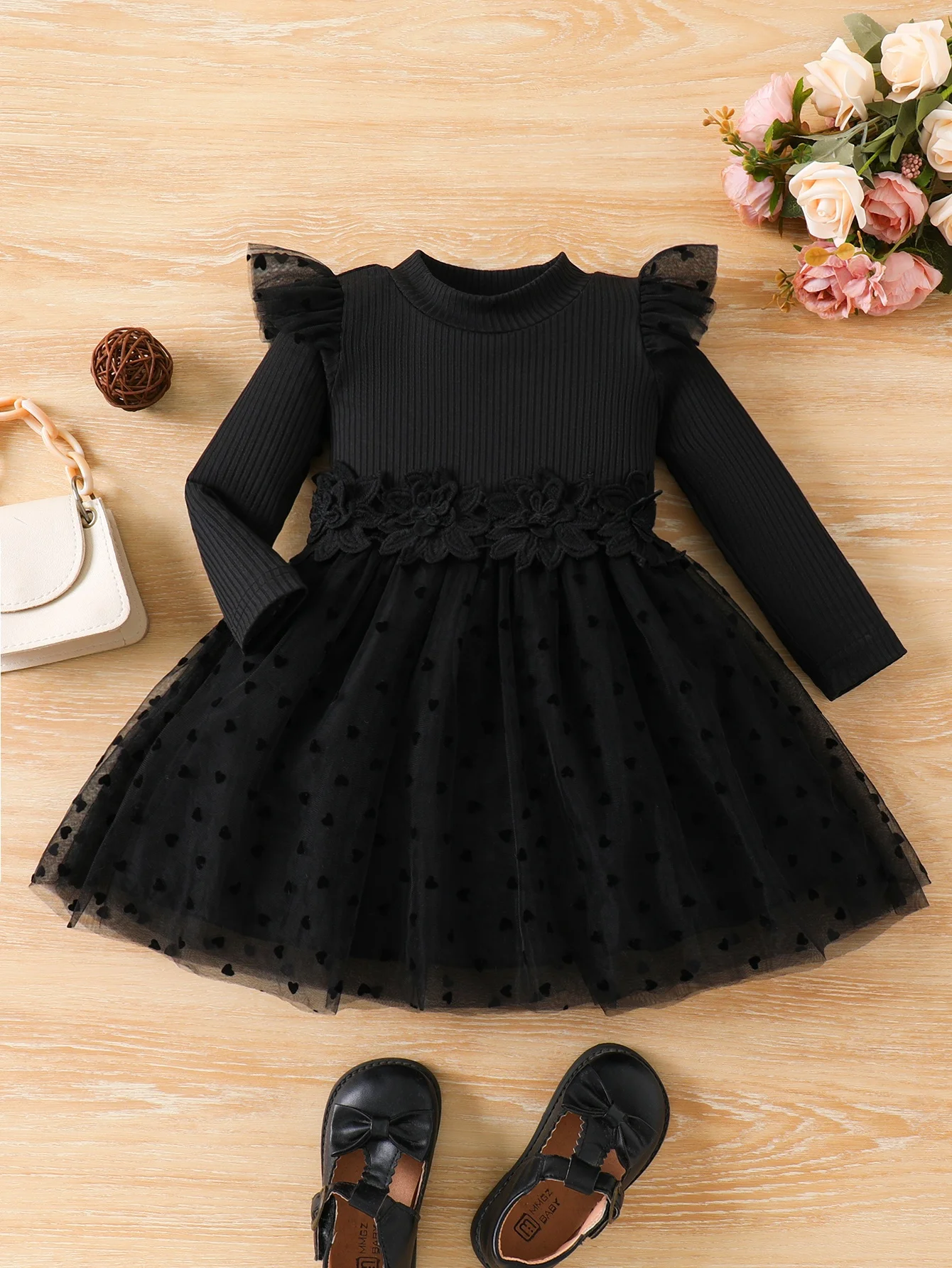 girls' black knit tulle dress mock neck + heart dot pattern + 3d lace + ruffled sleeves princess style long sleeve spring/summer girls' black knit tulle dress mock neck + heart dot pattern + 3d lace + ruffled sleeves princess style long sleeve spring/summer