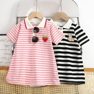 2025 new children's dress girls' summer korean edition striped strawberry lapel casual dress 1 10 years old