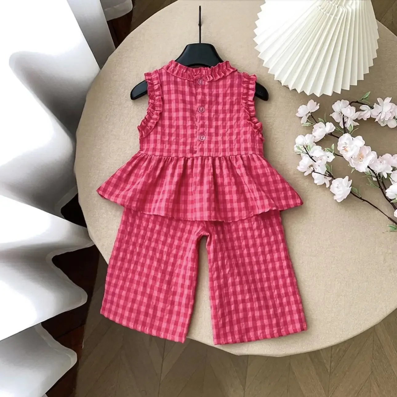 children's clothing sets retro plaid sleeveless shirt +flared palazzo pants 2pcs sets kids boutique clothes baby girl outfit set children's clothing sets retro plaid sleeveless shirt +flared palazzo pants 2pcs sets kids boutique clothes baby girl outfit set