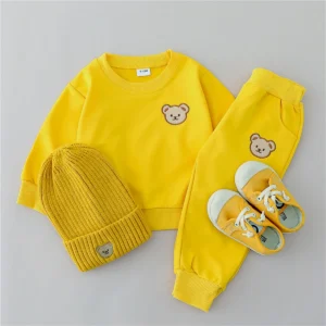 2pcs children's set spring and autumn simple little bear head round neck long sleeve pants