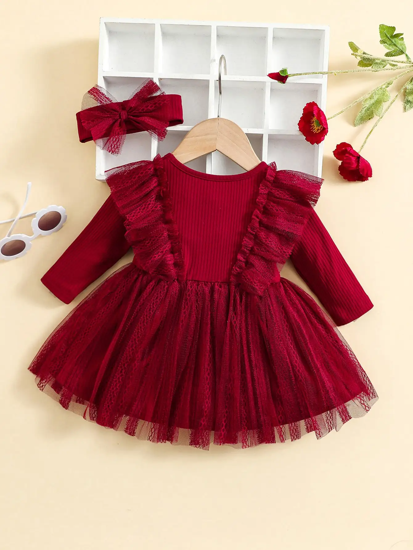 two piece baby girl romantic small flying sleeve long sleeve ruffled mesh dress + bow headscarf spring and autumn two piece baby girl romantic small flying sleeve long sleeve ruffled mesh dress + bow headscarf spring and autumn