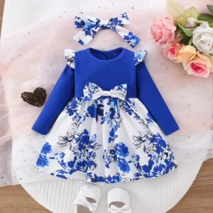 (6 months 3 years old) spring and autumn new blue flower baby girl dress, chinese retro style children's long sleeve clothes