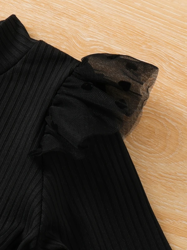 girls' black knit tulle dress mock neck + heart dot pattern + 3d lace + ruffled sleeves princess style long sleeve spring/summer girls' black knit tulle dress mock neck + heart dot pattern + 3d lace + ruffled sleeves princess style long sleeve spring/summer