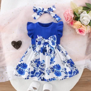 summer new baby girl dress small flying sleeve pleated bow ribbon blue and white porcelain elements chinese style birthday party