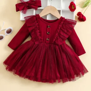 two piece baby girl romantic small flying sleeve long sleeve ruffled mesh dress + bow headscarf spring and autumn