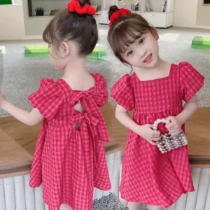 2025 new children's dress girls' summer korean edition fashion bubble sleeves checkered strap backless dress 1 6y