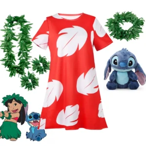 girls disney stitch&lilo role play dress hawaii children red frock featured with white feather print ohana spirit ployester gown