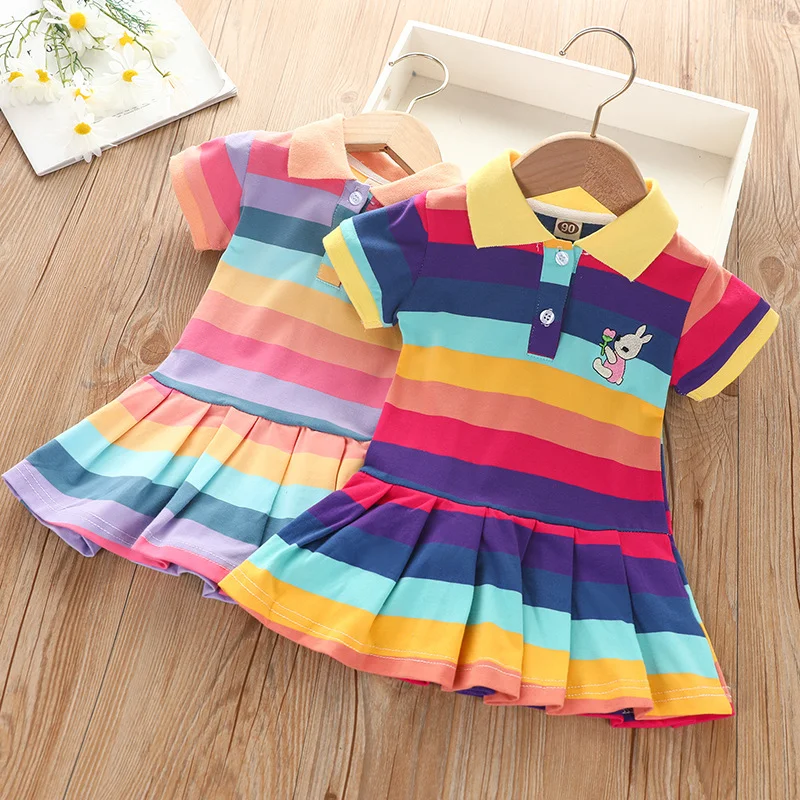 girl's summer fashion cute short sleeve cartoon rabbit embroidered rainbow strip baby girl princess dress girl's summer fashion cute short sleeve cartoon rabbit embroidered rainbow strip baby girl princess dress