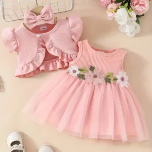little princess summer flower net gauze dress, bow hairset, small cardigan coat three piece set